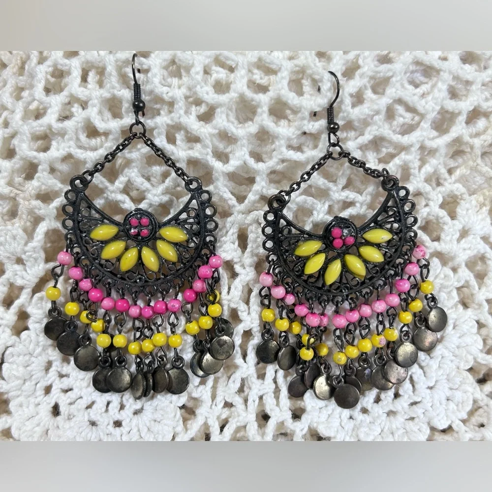 Dangle Hook Chandelier Earrings Boho Filigree Bead Pink Yellow Black Drop